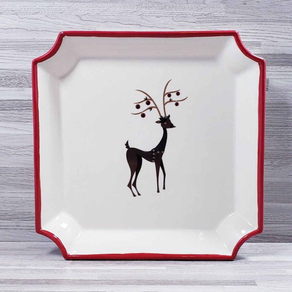 Christmas Holiday Reindeer 7" x 7" Stoneware Square Plate Beige Red